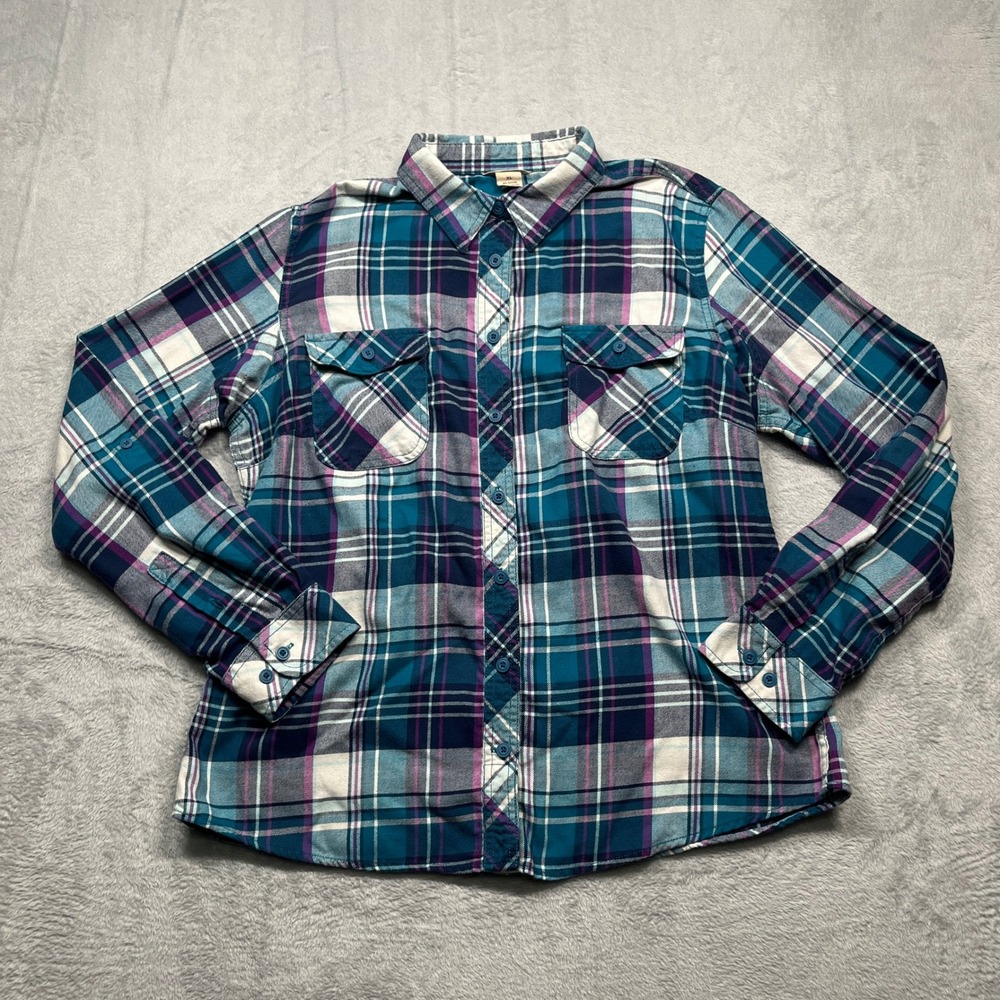 Duluth Trading Co Button Down Shirt Womens Teal Purple Plaid Flannel Style XL